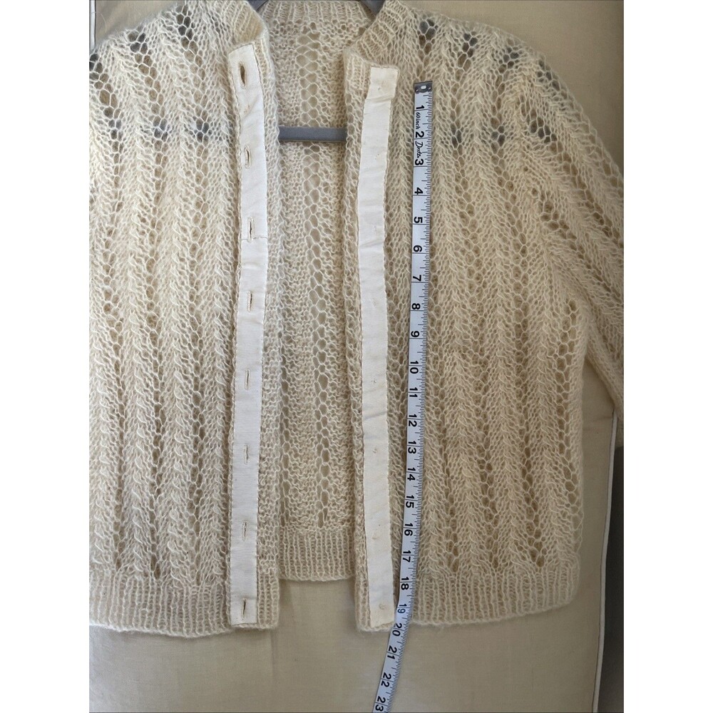 Vintage 50’s 60’s Mohair Wool Open Knit Cardigan Sweater Cream M - Picture 7 of 7